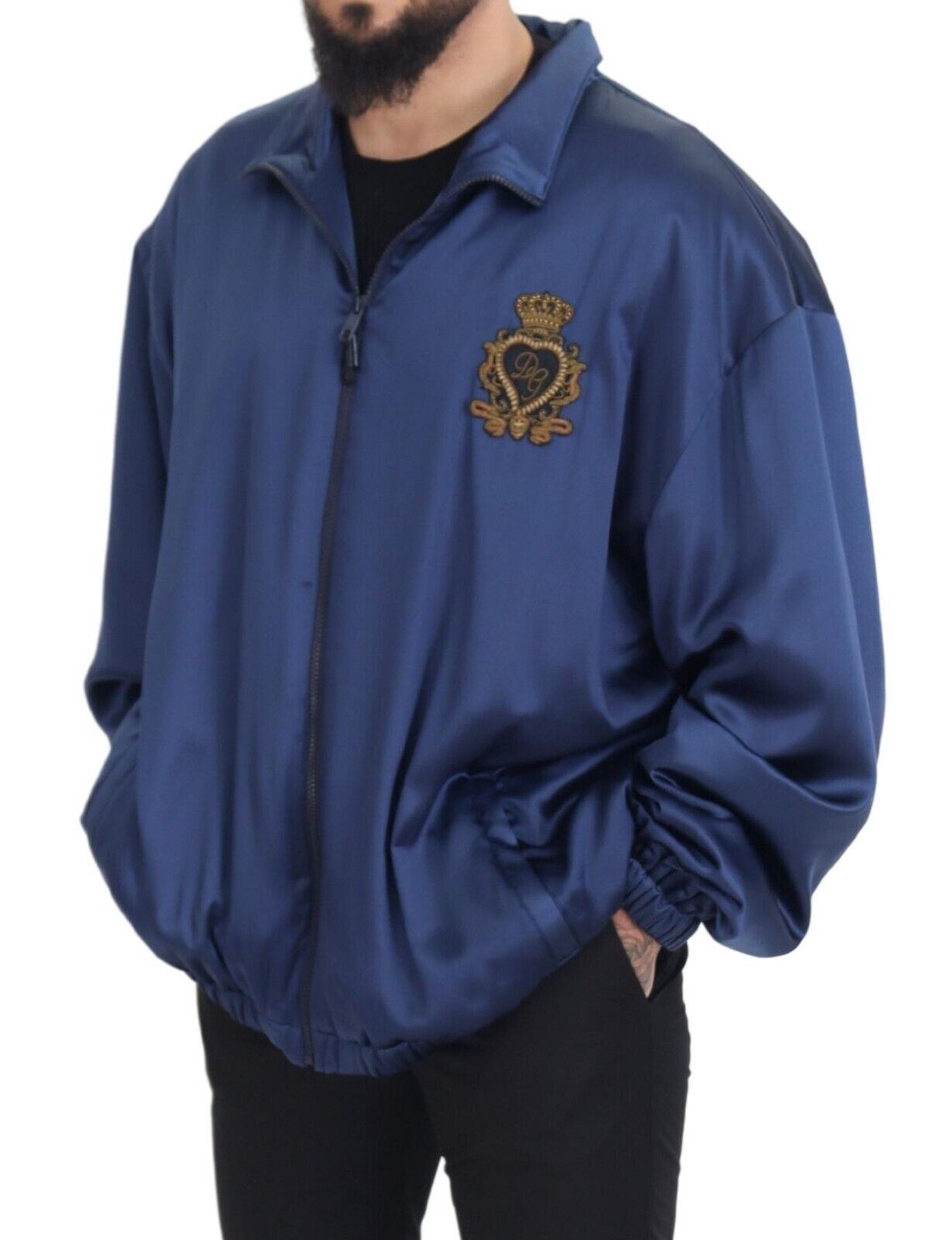 Dolce &amp; Gabbana Regal Blue Silk Bomber Jacket