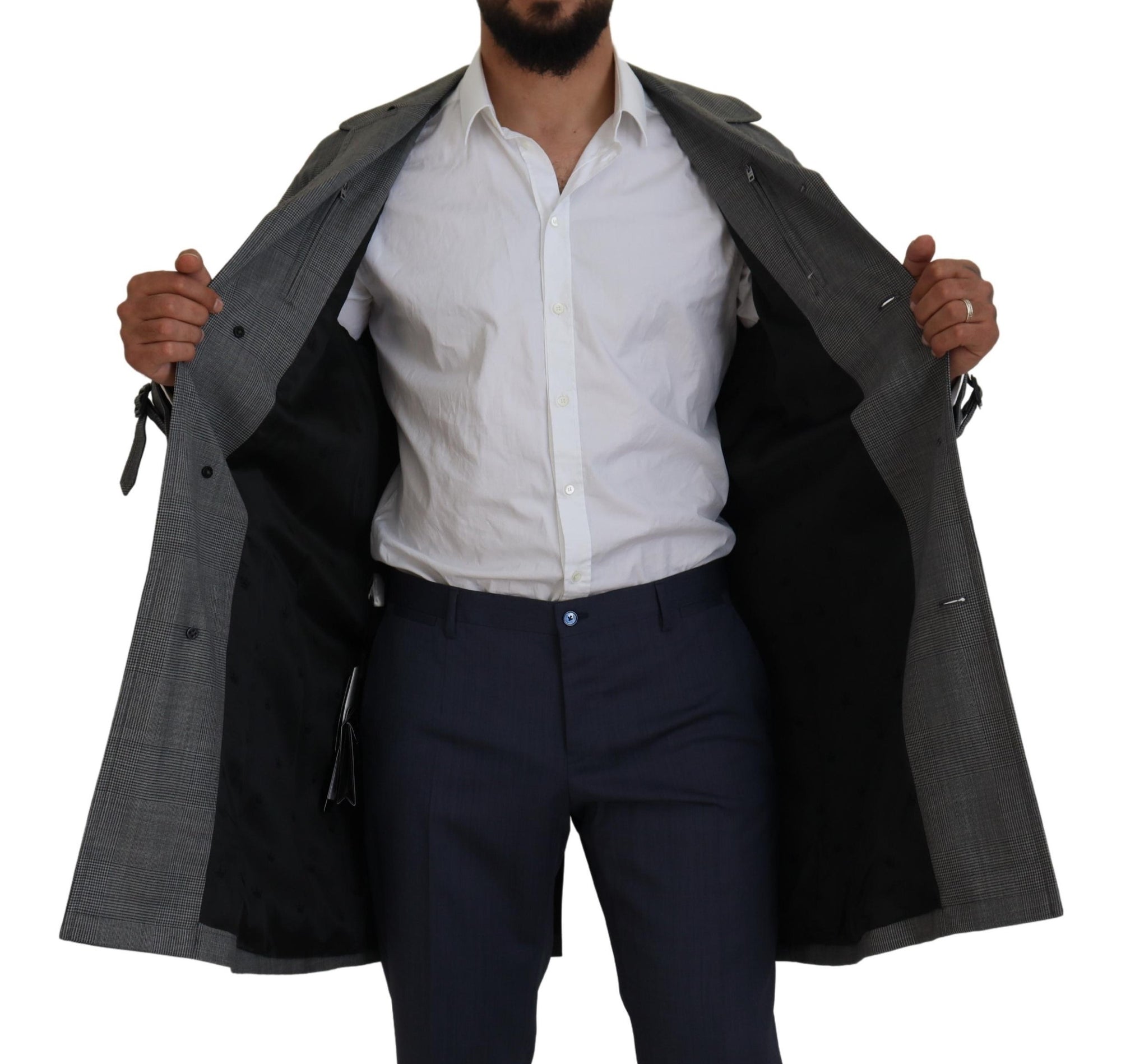 Dolce &amp; Gabbana Elegant Gray Plaid Trench Coat