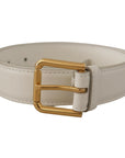Dolce & Gabbana Chic White Leather Belt with Gold Engraved Buckle
