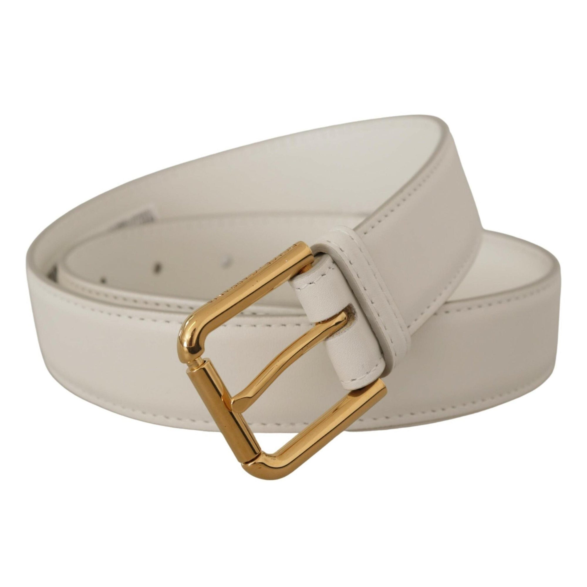 Dolce &amp; Gabbana Chic White Leather Belt with Gold Engraved Buckle