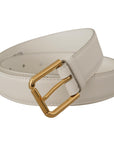 Dolce & Gabbana Chic White Leather Belt with Gold Engraved Buckle