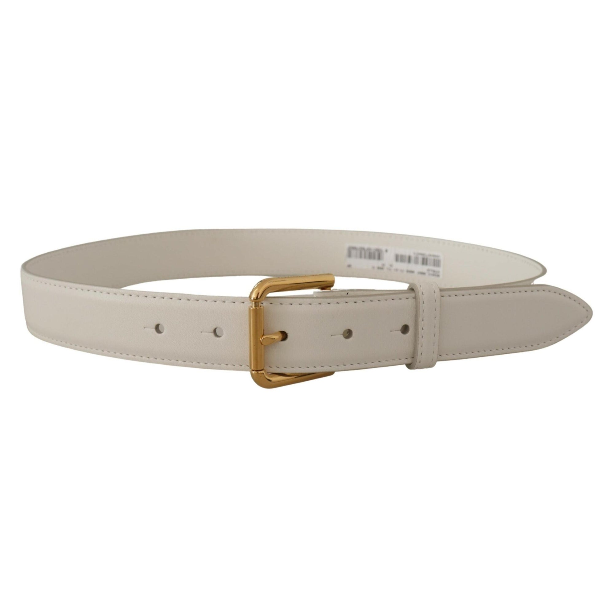 Dolce &amp; Gabbana Chic White Leather Belt with Gold Engraved Buckle