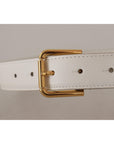 Dolce & Gabbana Chic White Leather Belt with Gold Engraved Buckle