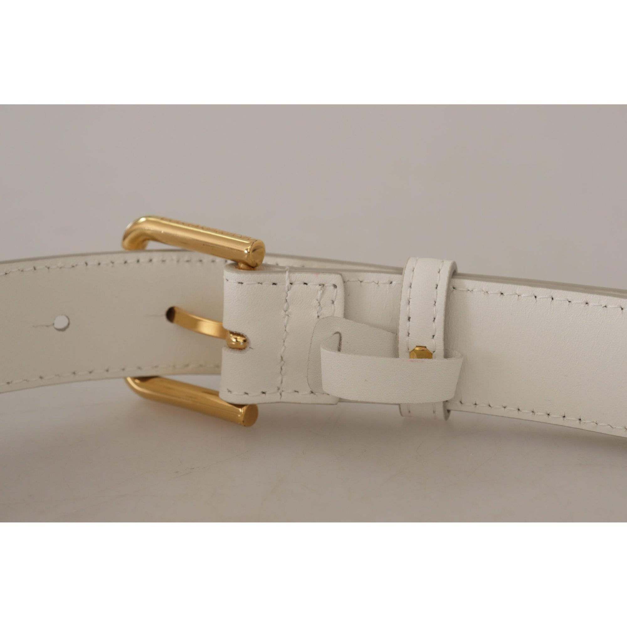 Dolce &amp; Gabbana Chic White Leather Belt with Gold Engraved Buckle