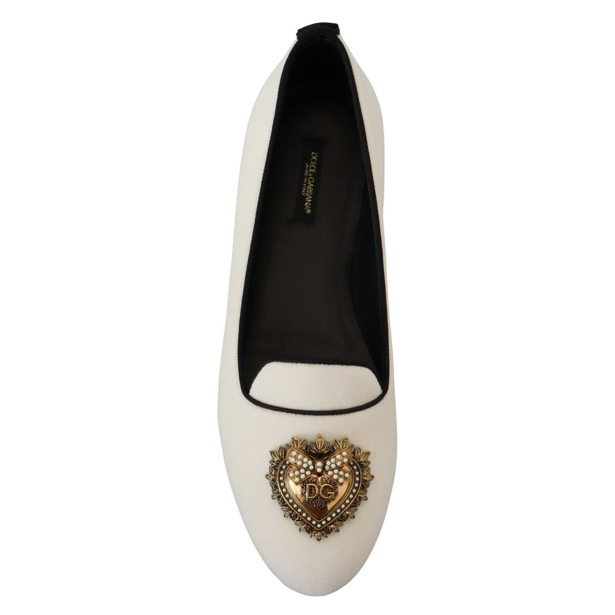 Dolce &amp; Gabbana Elegant White Velvet Loafers with Gold Heart Detail