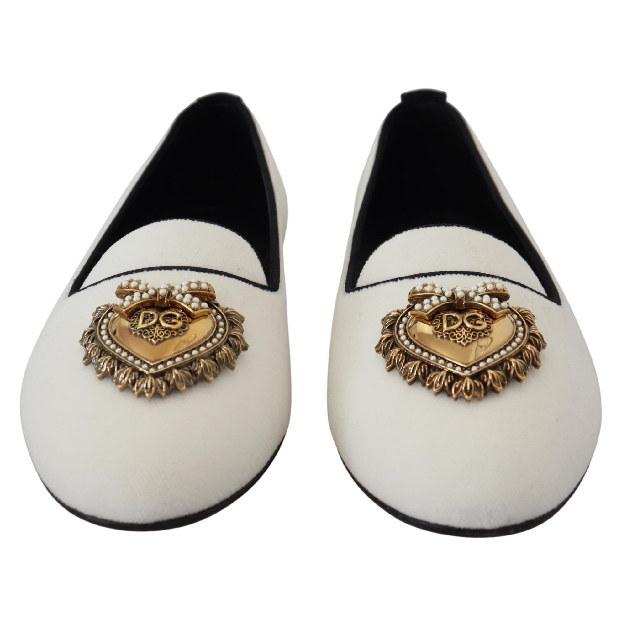 Dolce &amp; Gabbana Elegant White Velvet Loafers with Gold Heart Detail
