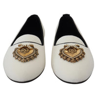 Dolce & Gabbana Elegant White Velvet Loafers with Gold Heart Detail