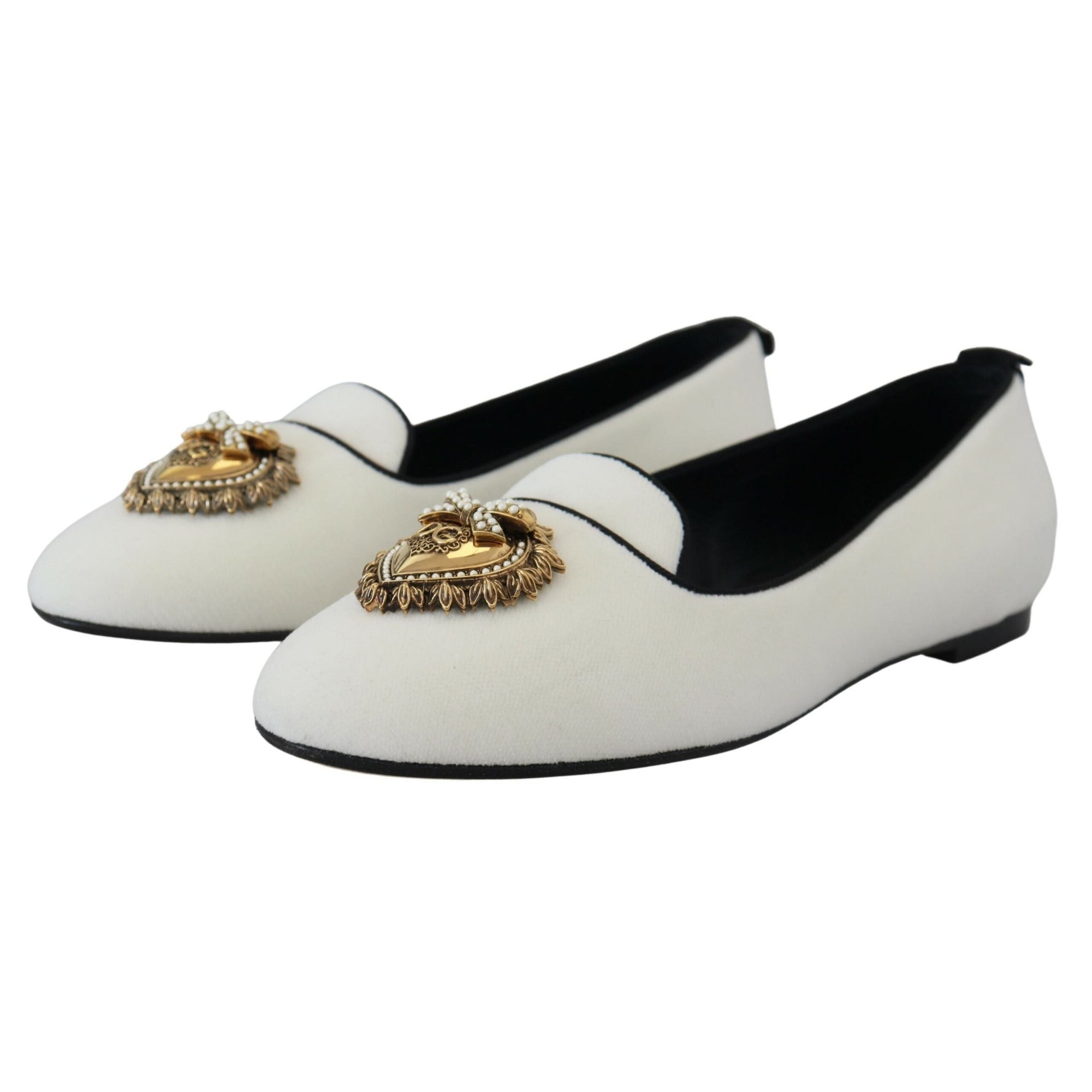 Dolce &amp; Gabbana Elegant White Velvet Loafers with Gold Heart Detail