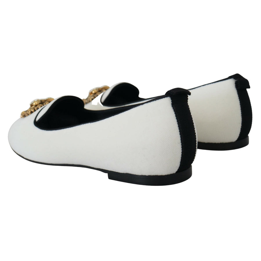 Dolce & Gabbana Elegant White Velvet Loafers with Gold Heart Detail