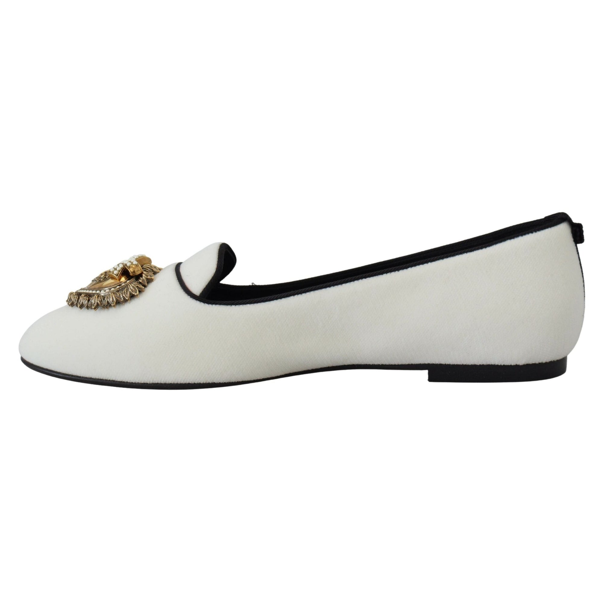 Dolce &amp; Gabbana Elegant White Velvet Loafers with Gold Heart Detail