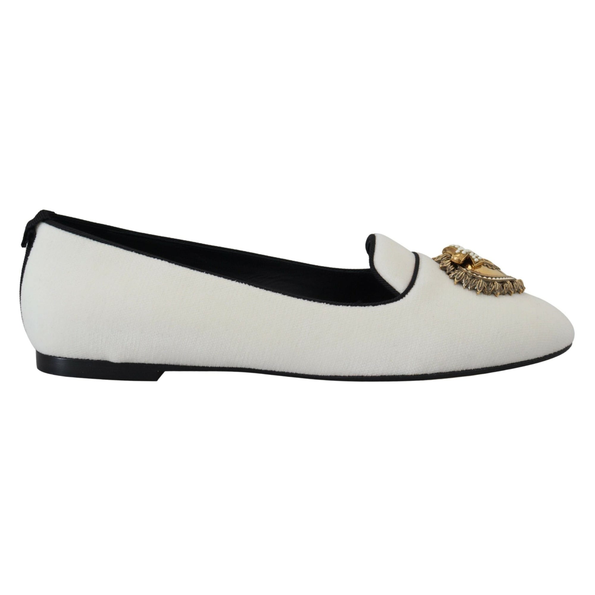 Dolce &amp; Gabbana Elegant White Velvet Loafers with Gold Heart Detail