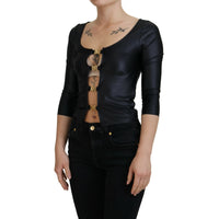 Dolce & Gabbana Elegant Black 3/4 Sleeve Top with Gold Detailing