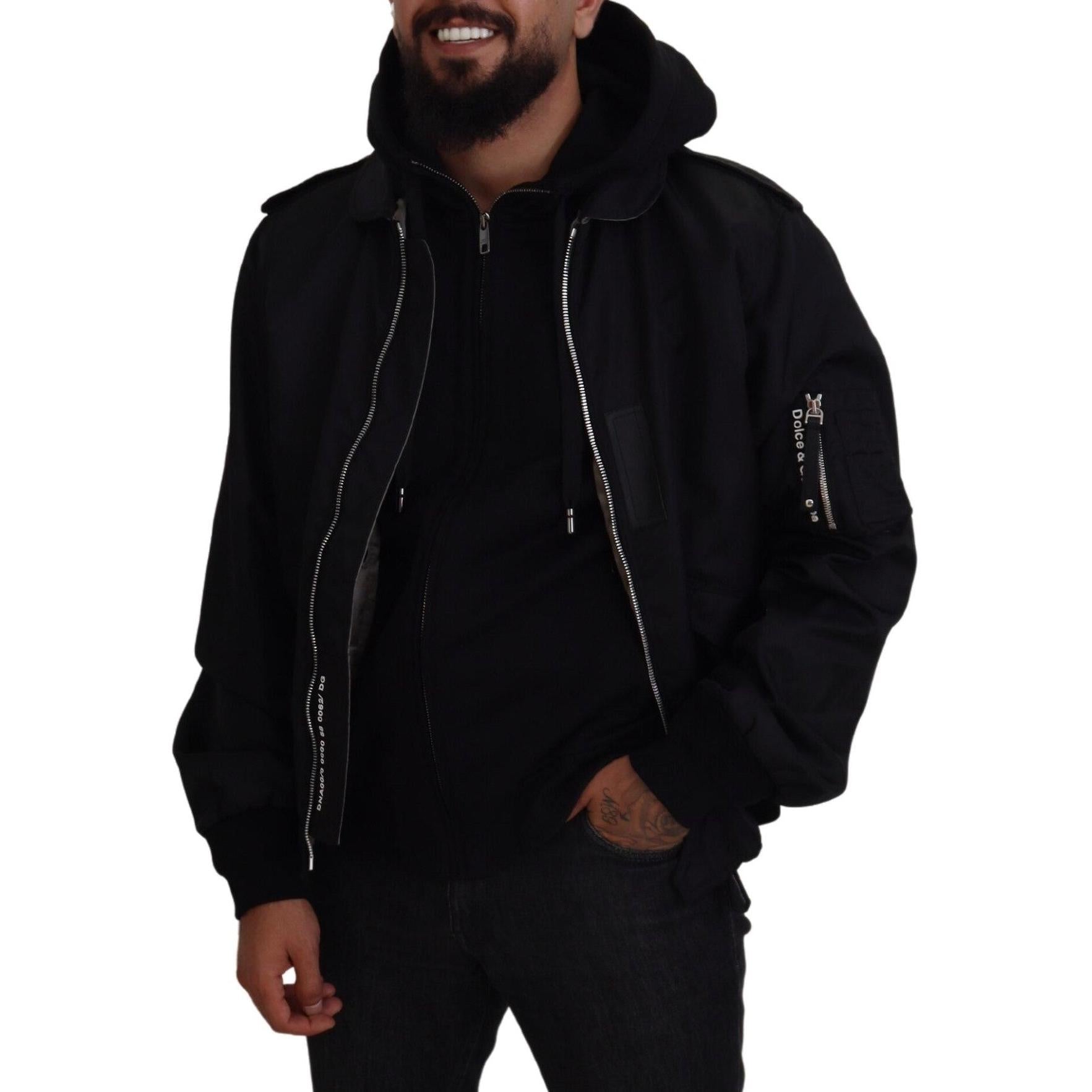 Dolce &amp; Gabbana Sleek Black Hooded Bomber Jacket