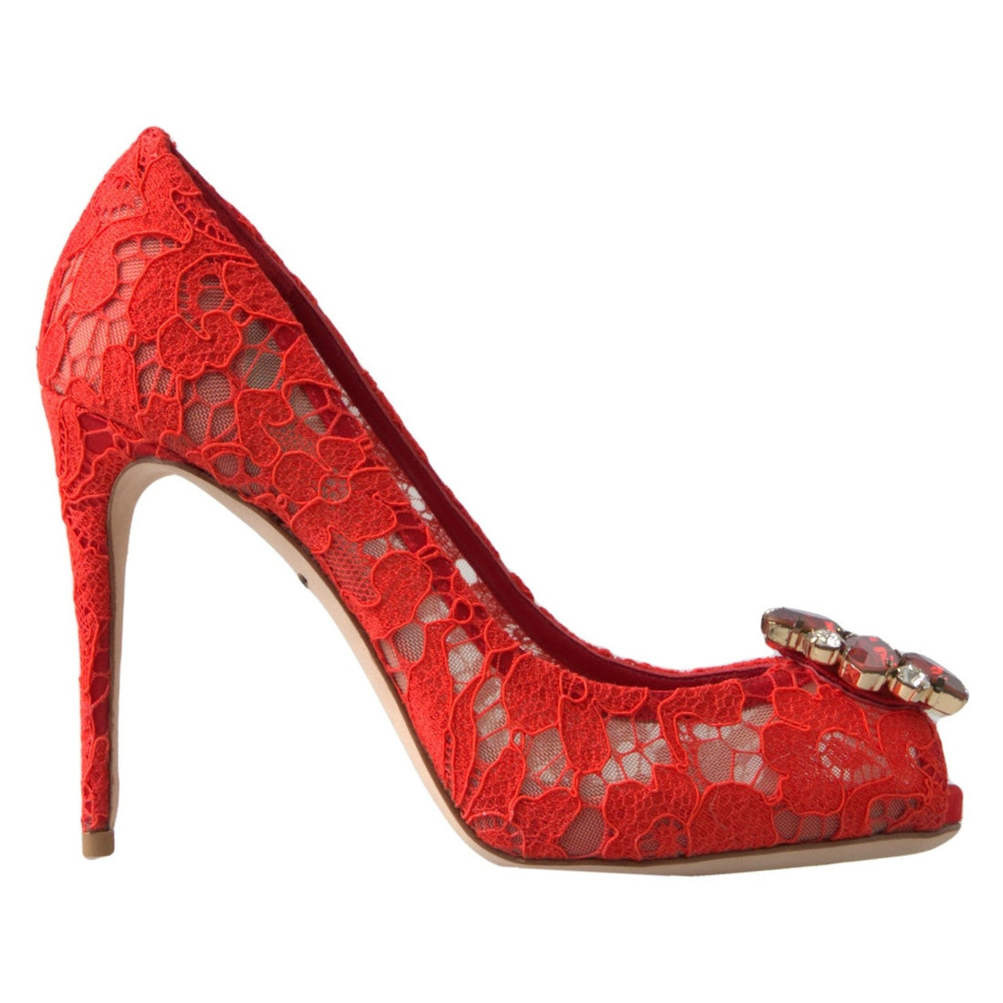 Dolce & Gabbana Chic Red Lace Heels with Crystal Embellishment