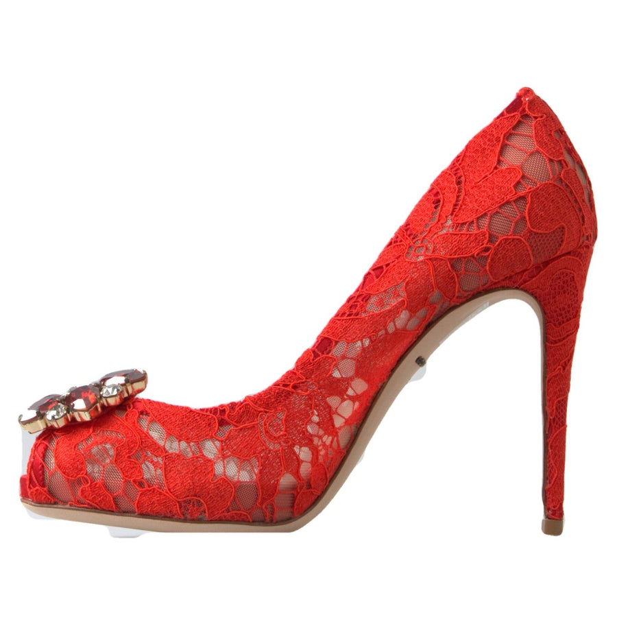 Dolce & Gabbana Chic Red Lace Heels with Crystal Embellishment