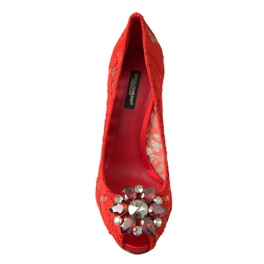 Dolce & Gabbana Chic Red Lace Heels with Crystal Embellishment