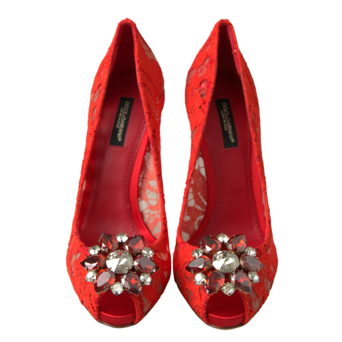 Dolce & Gabbana Chic Red Lace Heels with Crystal Embellishment