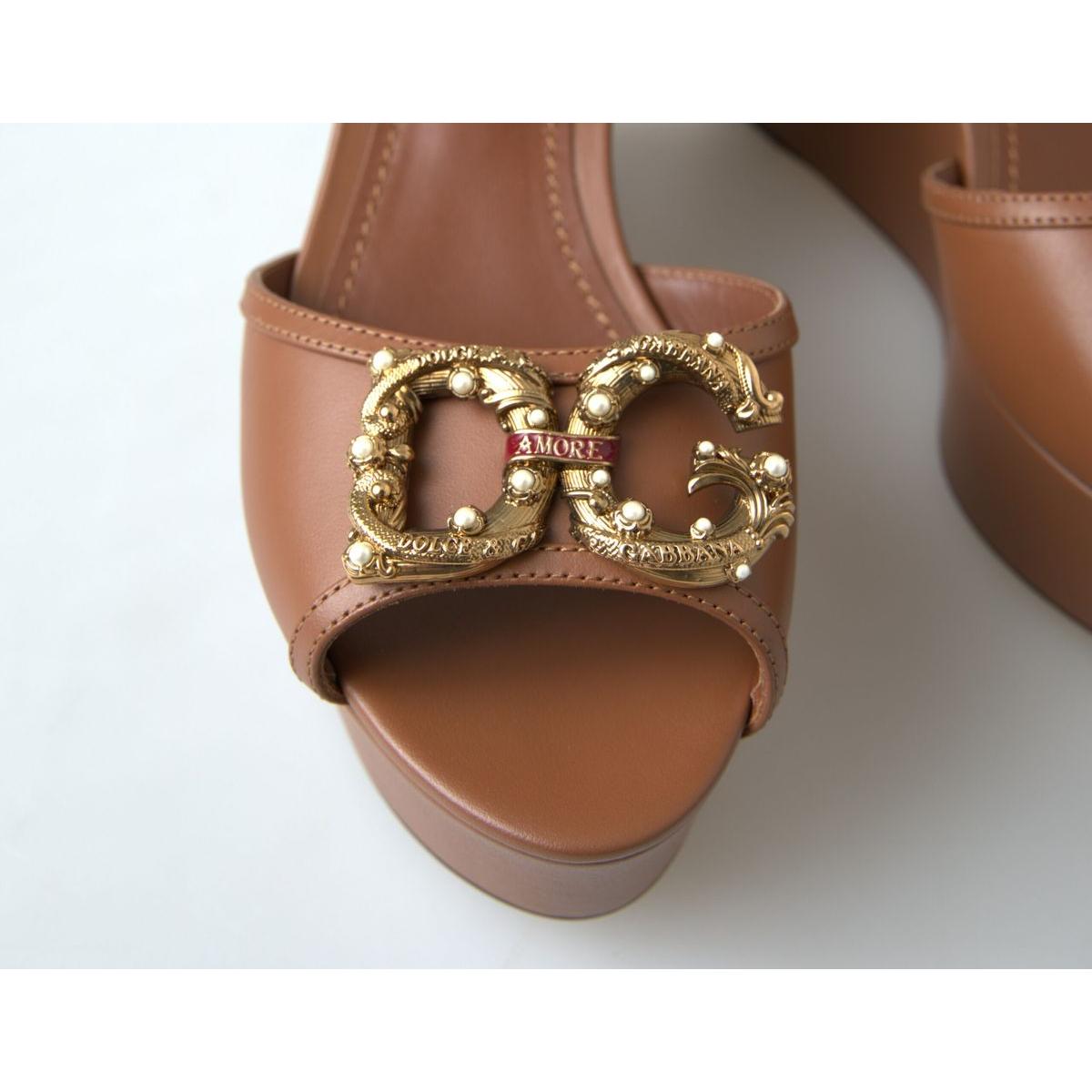 Dolce &amp; Gabbana Chic Brown Leather Ankle Strap Wedges