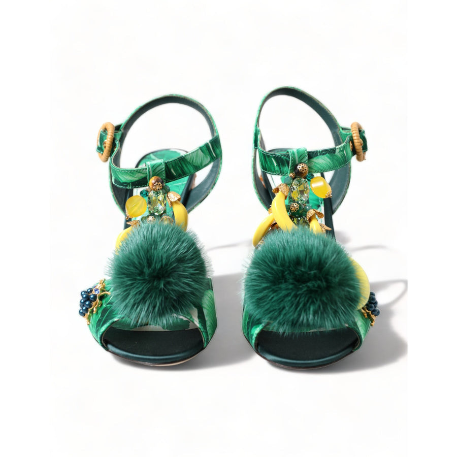 Dolce & Gabbana Green Crystal Mink Fur T-Strap Sandals