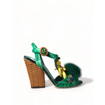 Dolce & Gabbana Green Crystal Mink Fur T-Strap Sandals