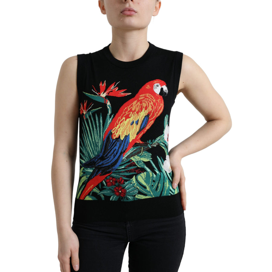 Dolce & Gabbana Elegant Crew Neck Wool Silk Tank with Bird Embroidery