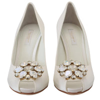 Dolce & Gabbana Crystal-Embellished White Peep Toe Heels