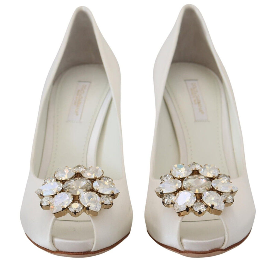 Dolce & Gabbana Crystal-Embellished White Peep Toe Heels