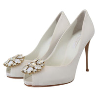 Dolce & Gabbana Crystal-Embellished White Peep Toe Heels