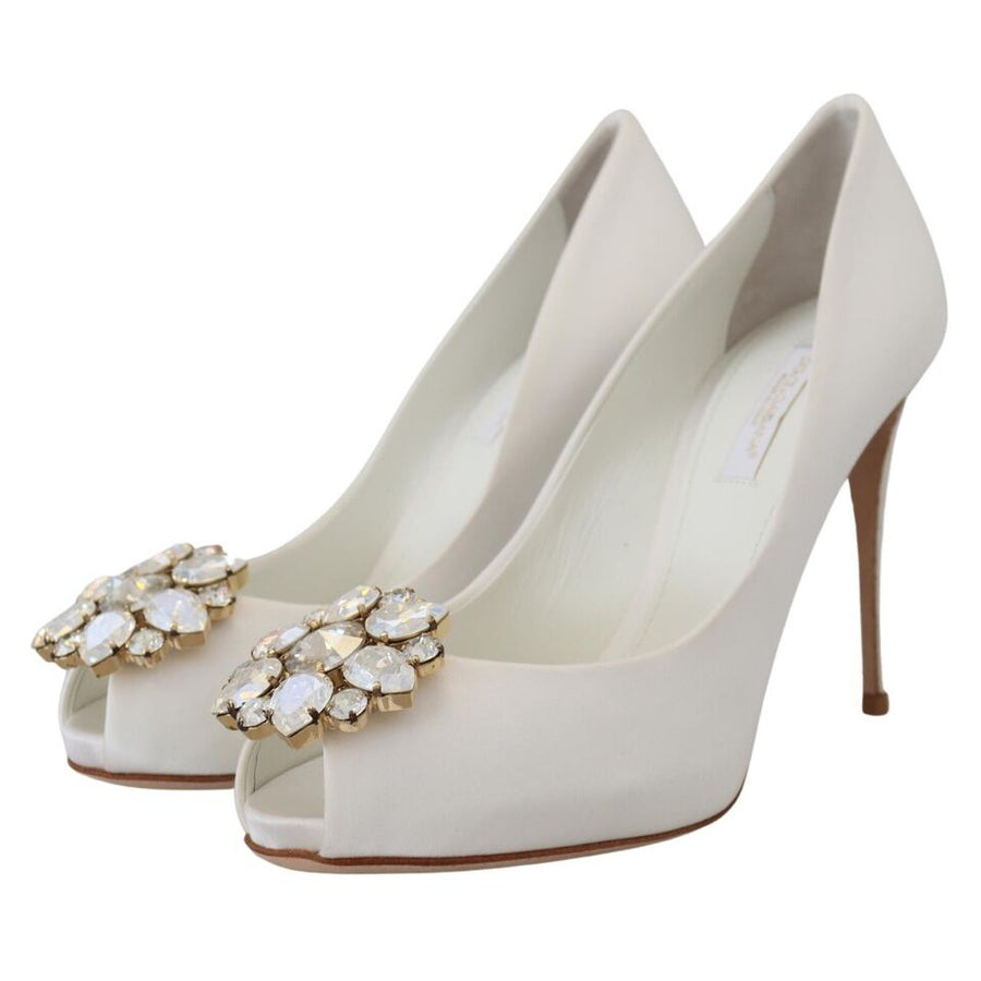 Dolce & Gabbana Crystal-Embellished White Peep Toe Heels