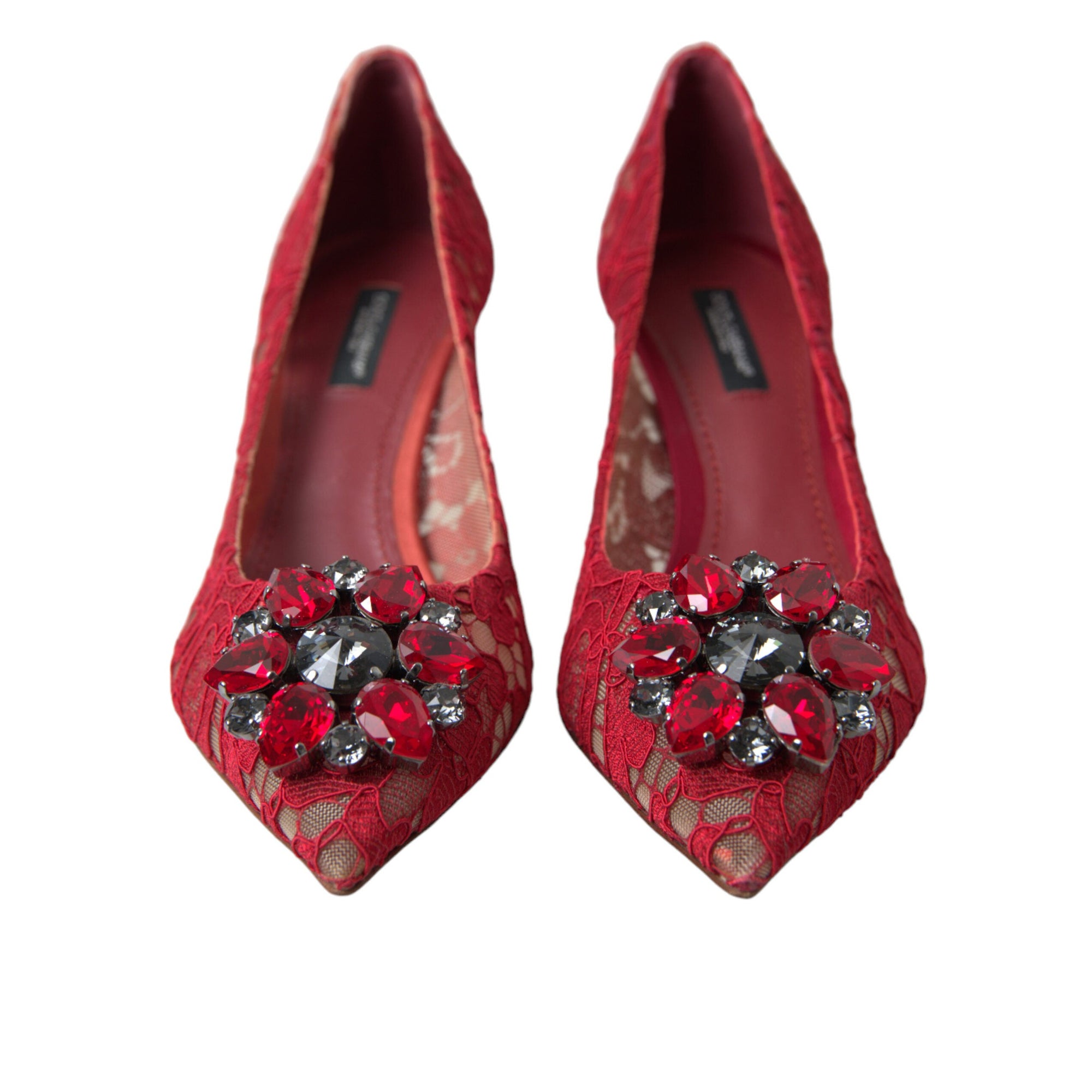 Dolce &amp; Gabbana Radiant Red Lace Heels with Crystals