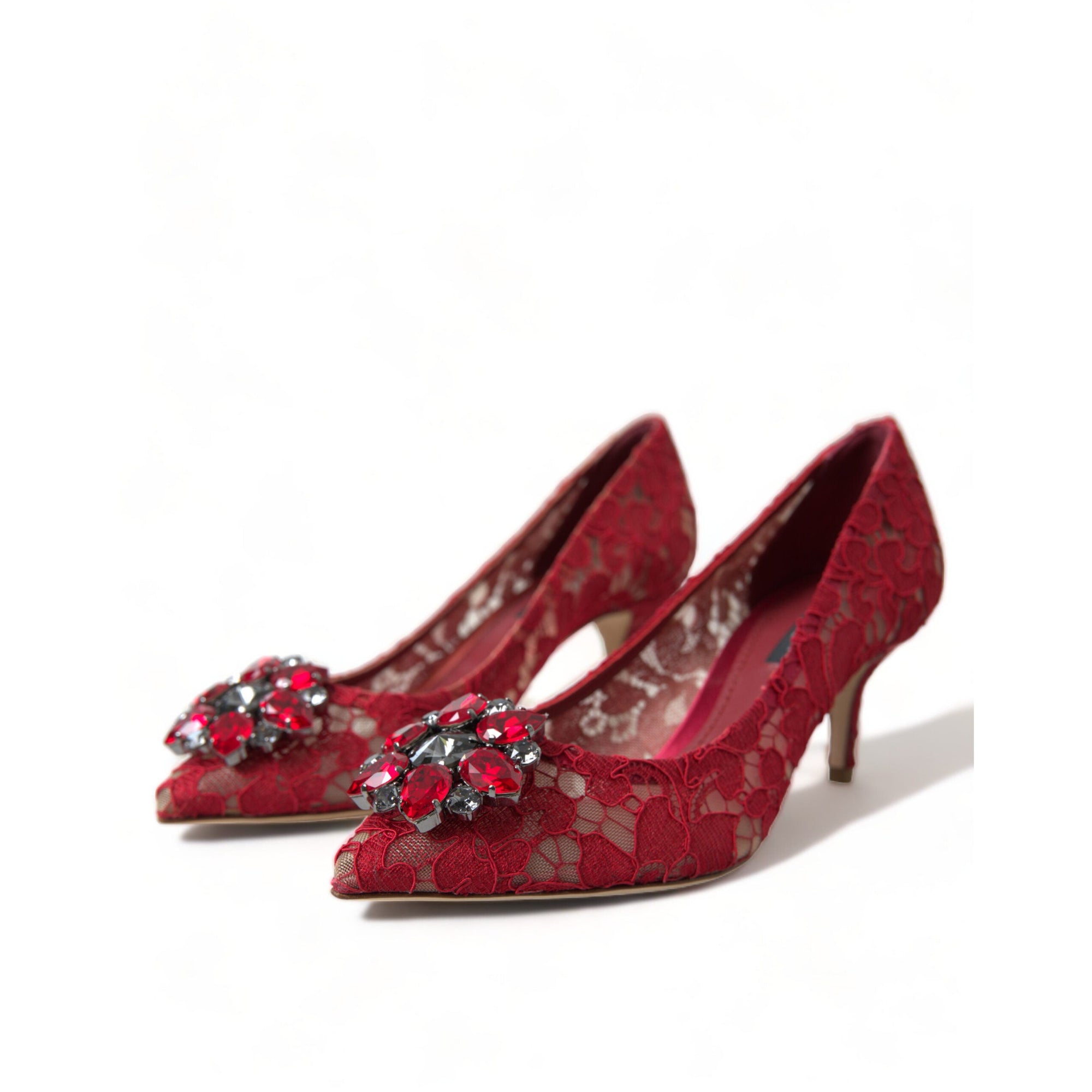 Dolce &amp; Gabbana Radiant Red Lace Heels with Crystals