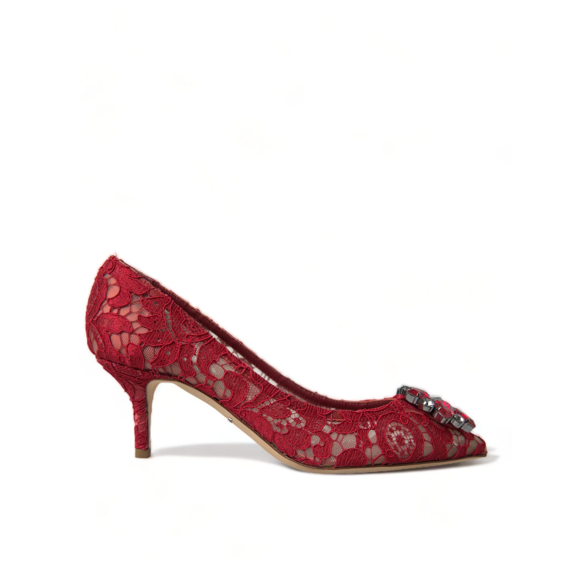 Dolce &amp; Gabbana Radiant Red Lace Heels with Crystals