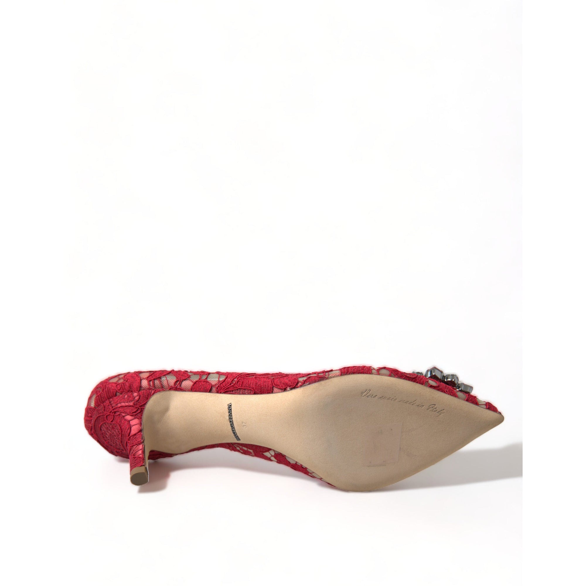 Dolce &amp; Gabbana Radiant Red Lace Heels with Crystals