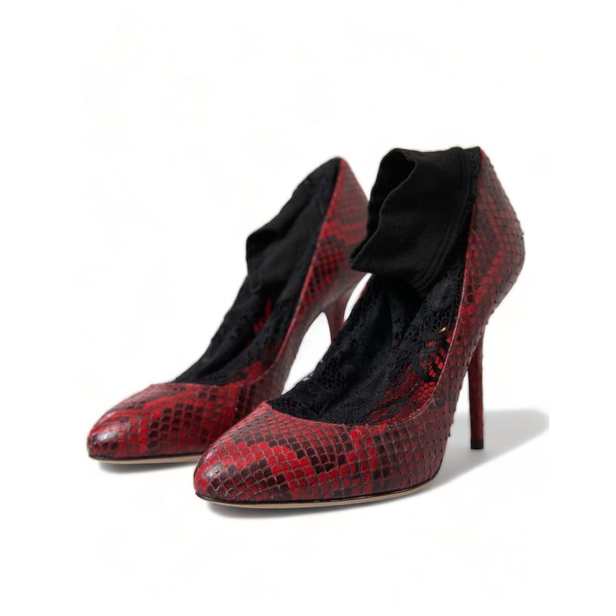 Dolce & Gabbana Red Almond Toe Snakeskin Pumps with Lace Socks