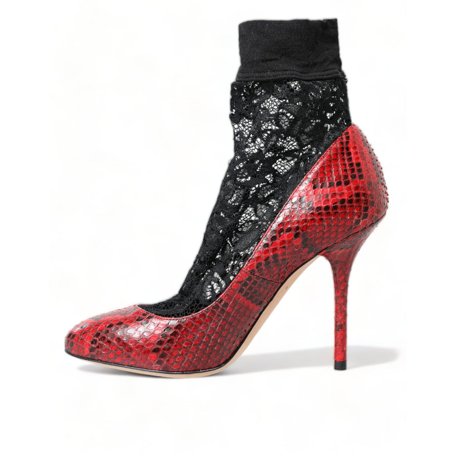 Dolce & Gabbana Red Almond Toe Snakeskin Pumps with Lace Socks