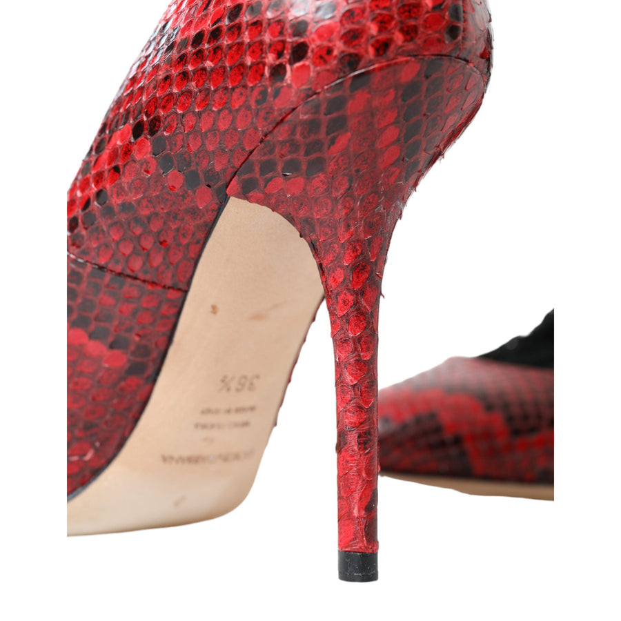 Dolce & Gabbana Red Almond Toe Snakeskin Pumps with Lace Socks