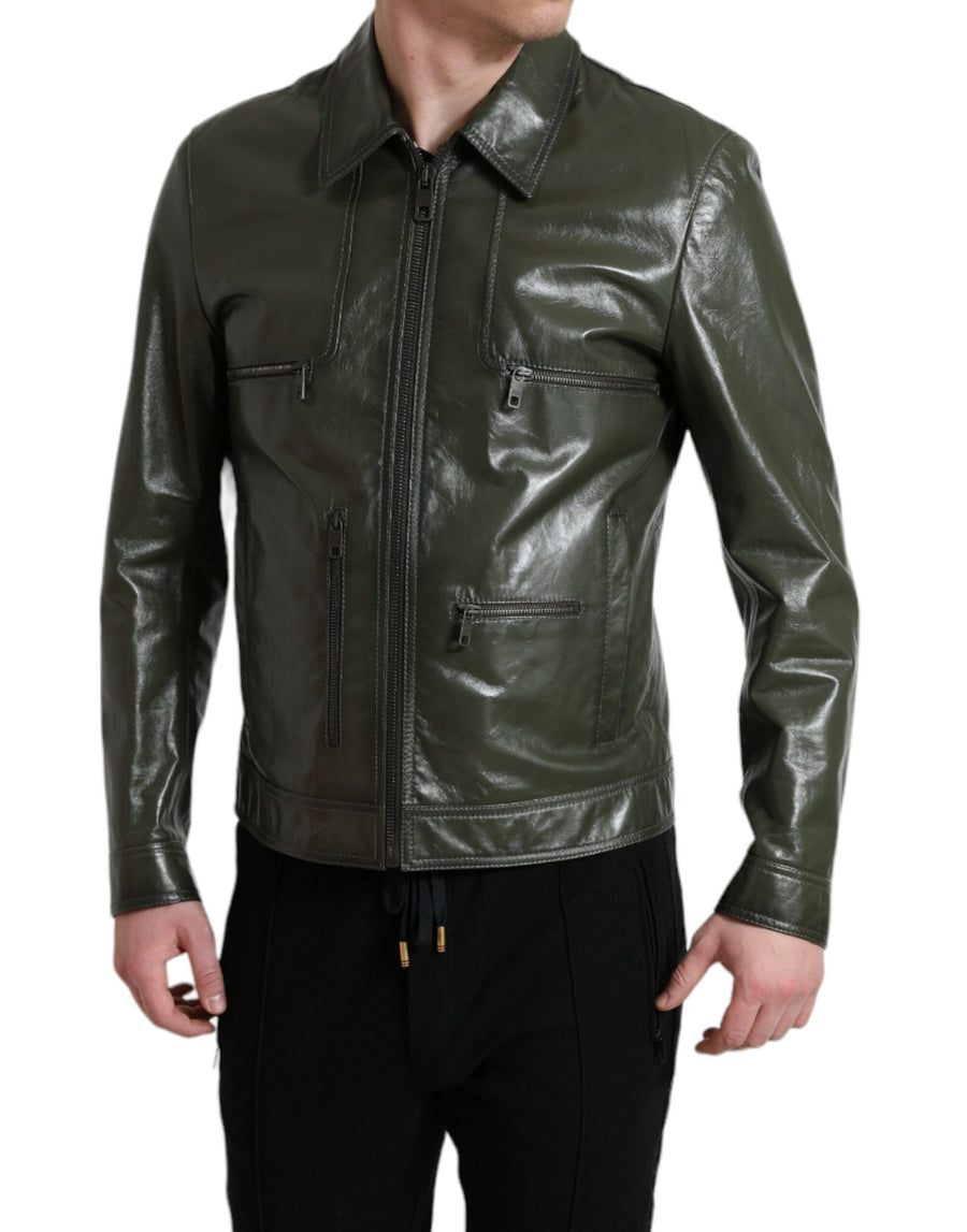 Dolce & Gabbana Emerald Elegance Leather Biker Jacket