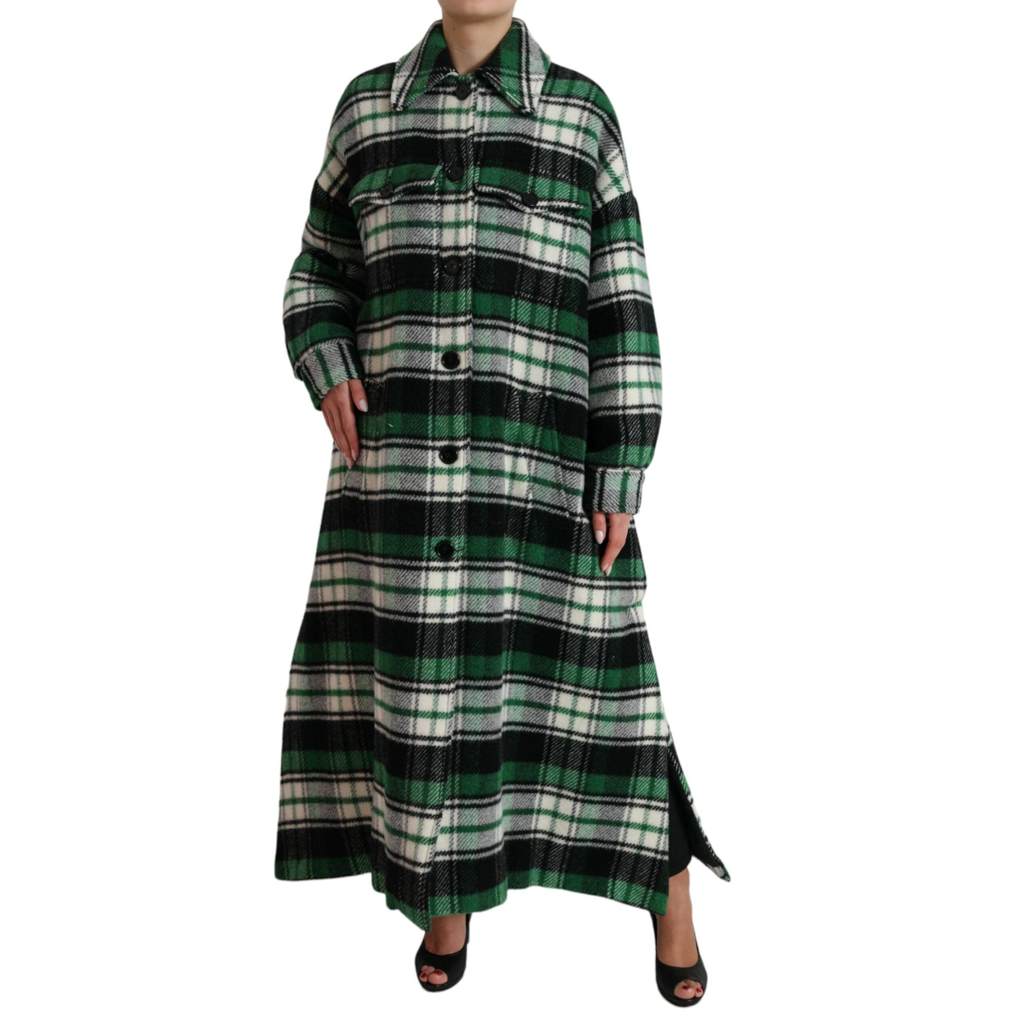 Dolce &amp; Gabbana Elegant Green Plaid Long Coat