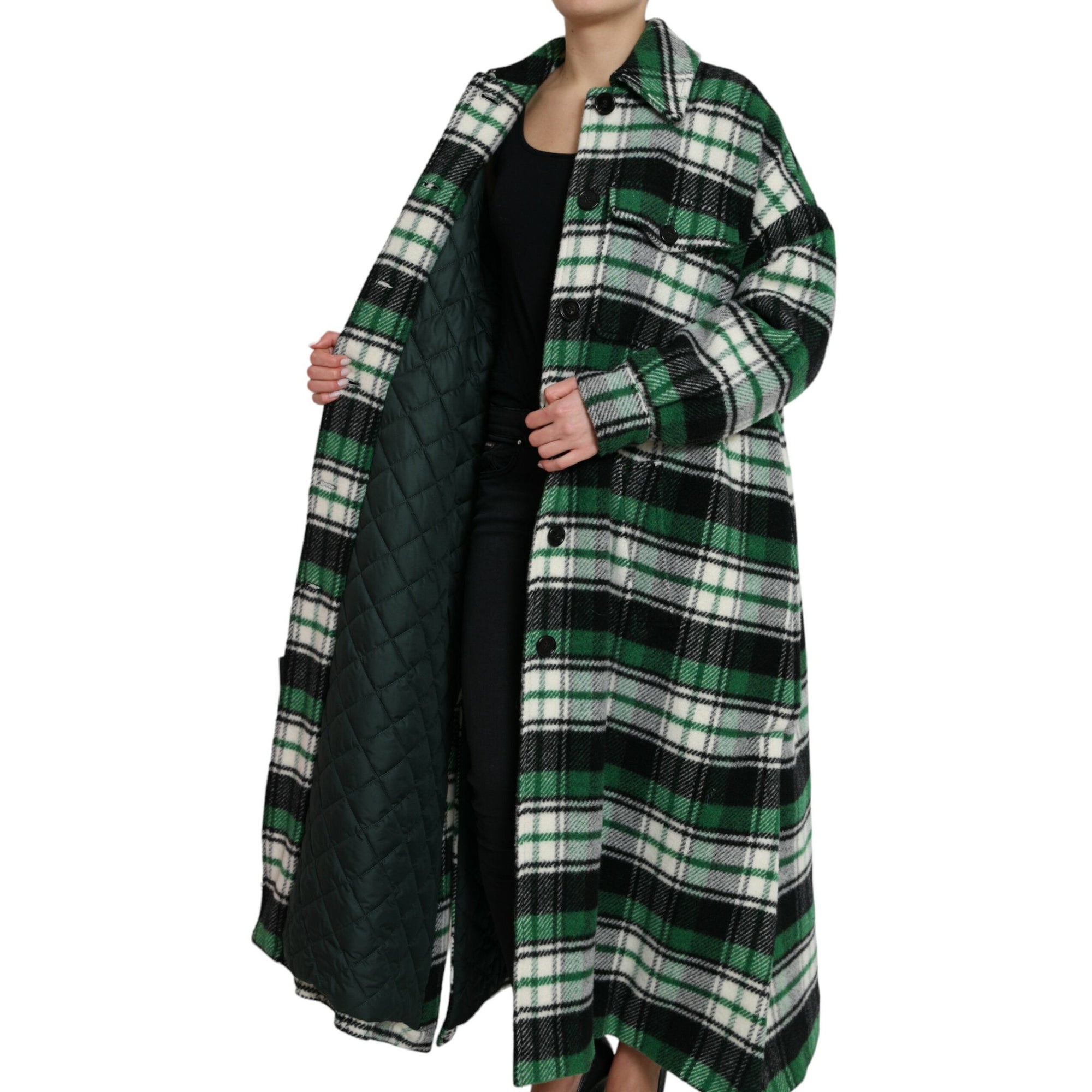 Dolce &amp; Gabbana Elegant Green Plaid Long Coat