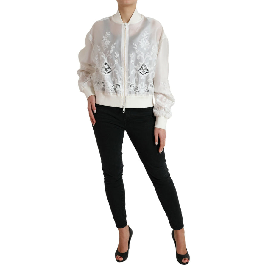 Dolce & Gabbana Elegant White Silk Bomber Jacket