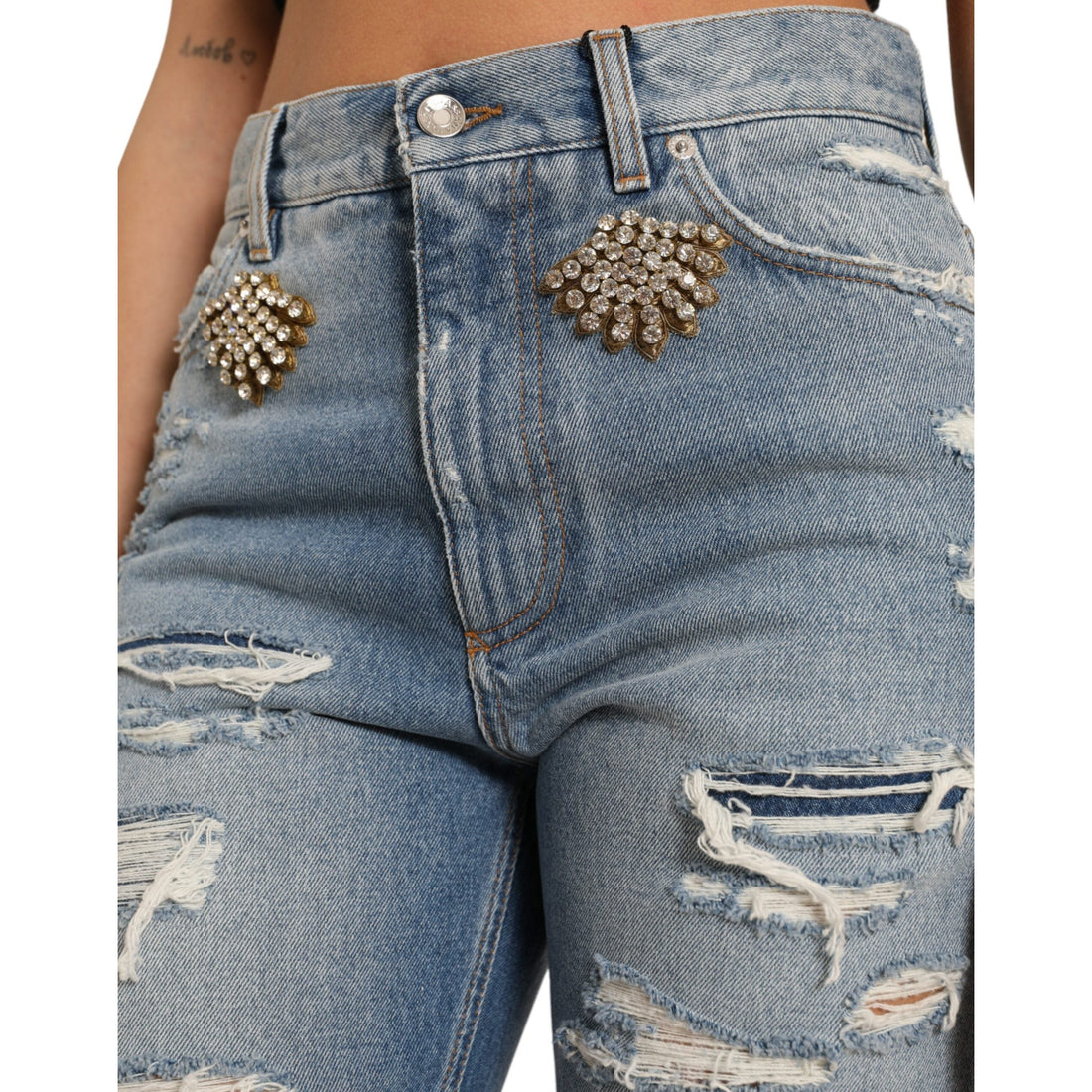 Dolce & Gabbana High Waist Embellished Bermuda Denim Shorts