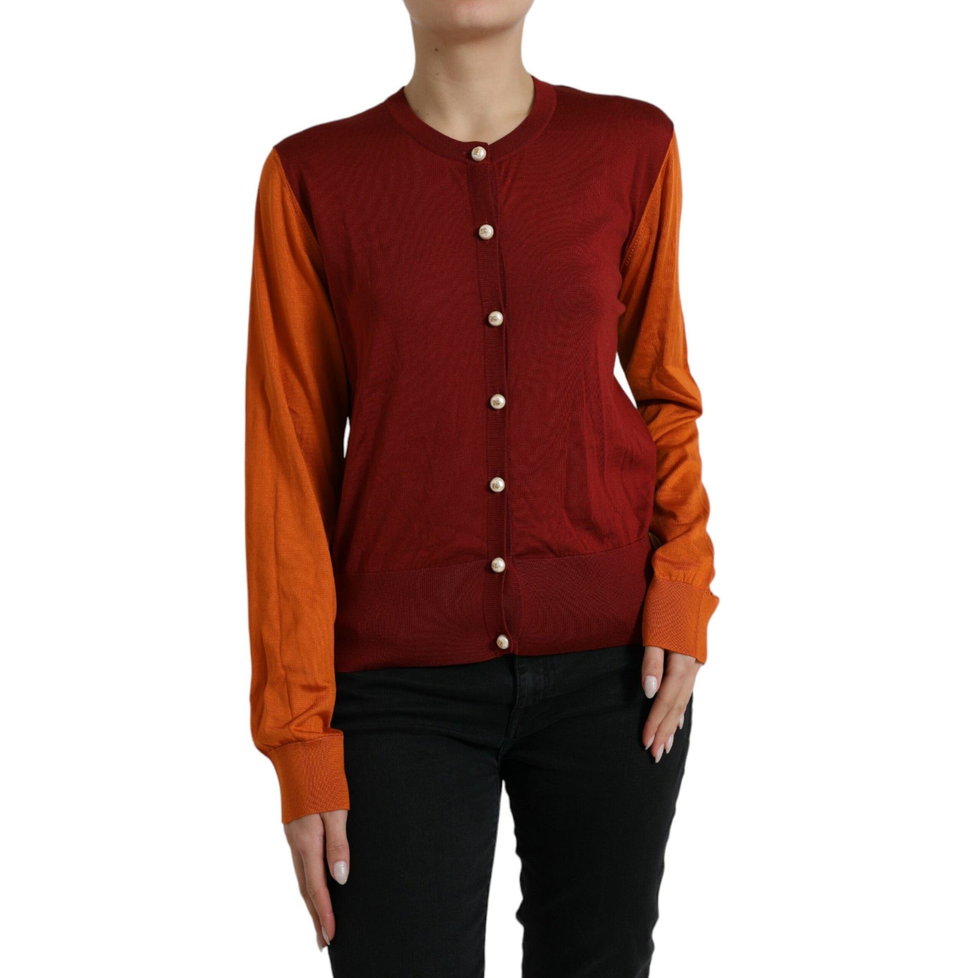 Dolce &amp; Gabbana Silk Button Front Cardigan in Maroon Mix