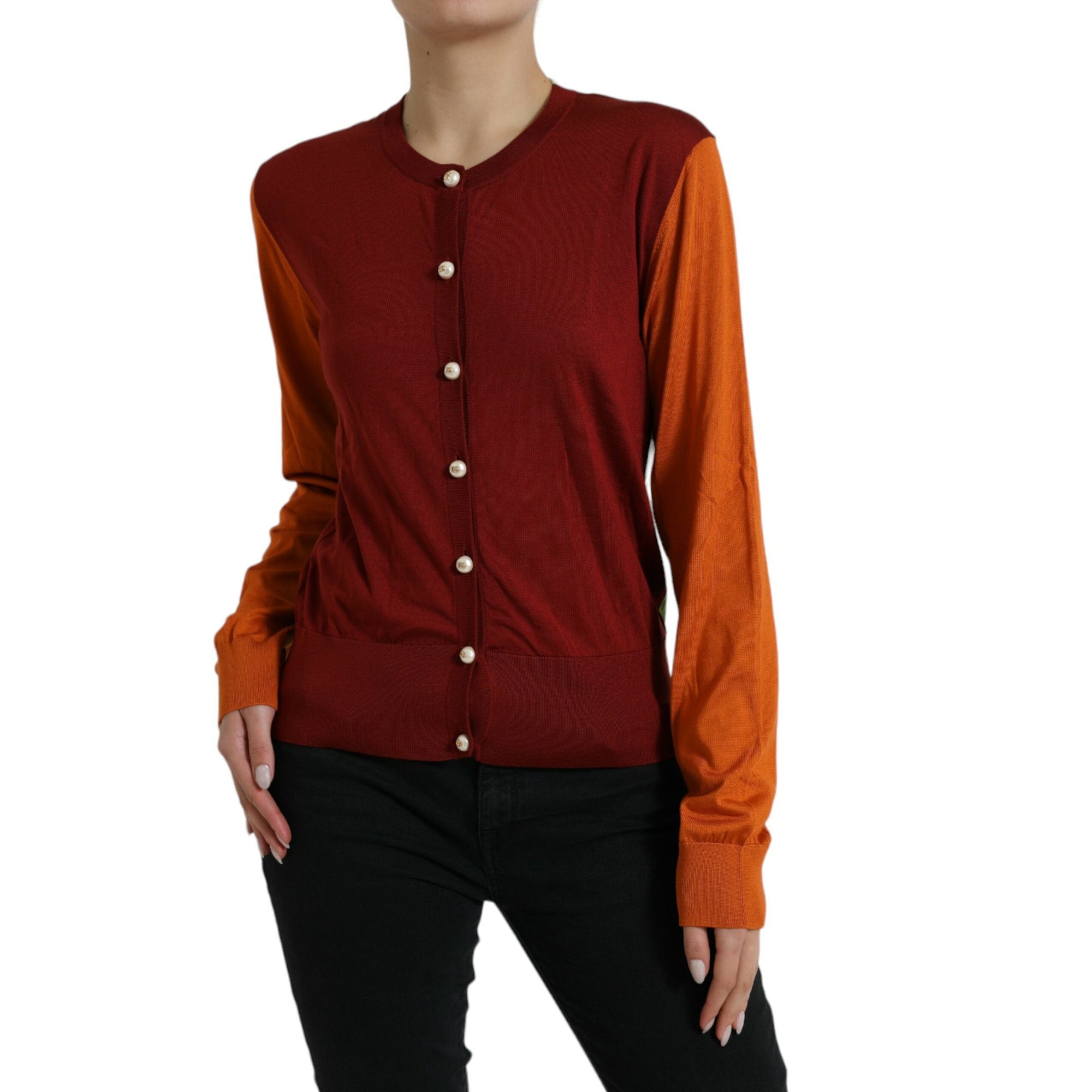 Dolce &amp; Gabbana Silk Button Front Cardigan in Maroon Mix