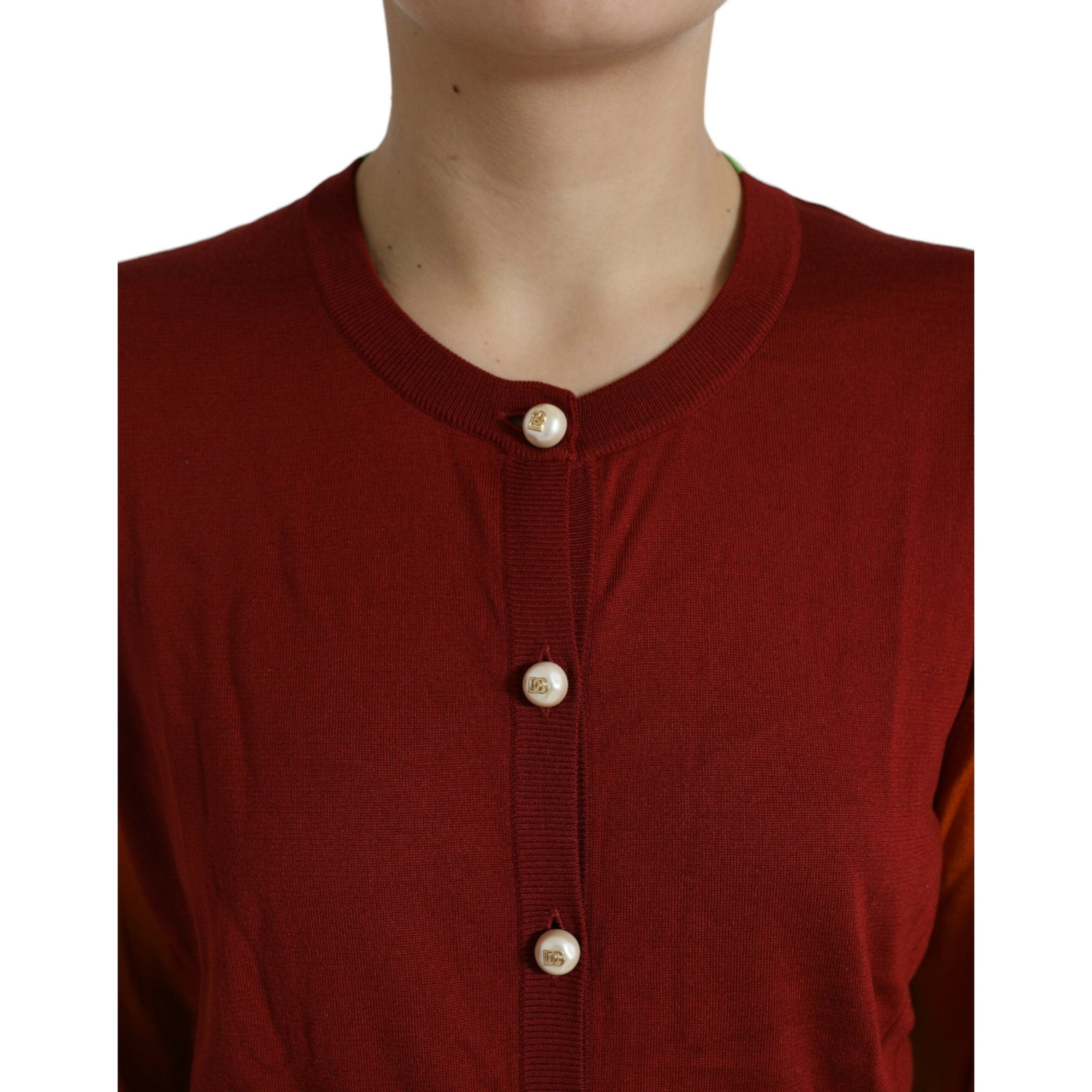 Dolce &amp; Gabbana Silk Button Front Cardigan in Maroon Mix