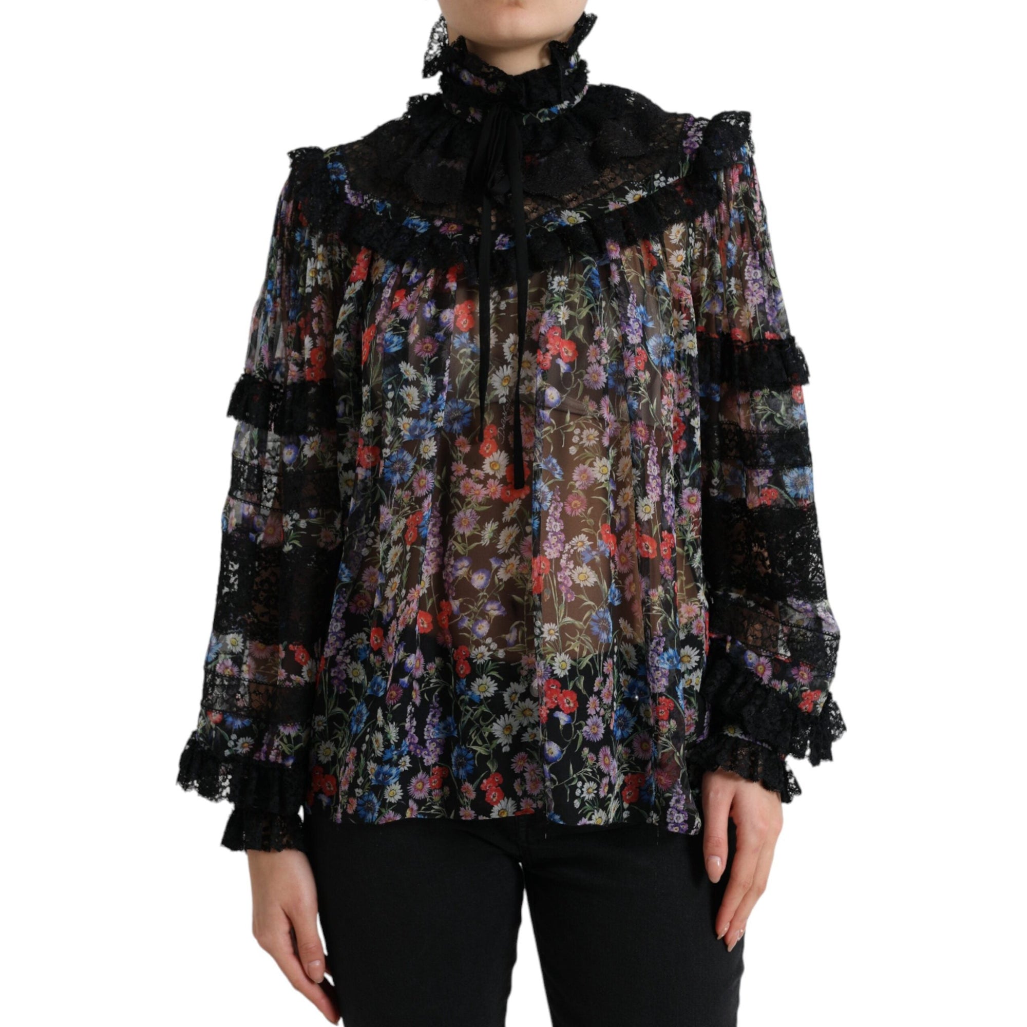 Dolce &amp; Gabbana Elegant Floral Silk Blouse with Lace Trim