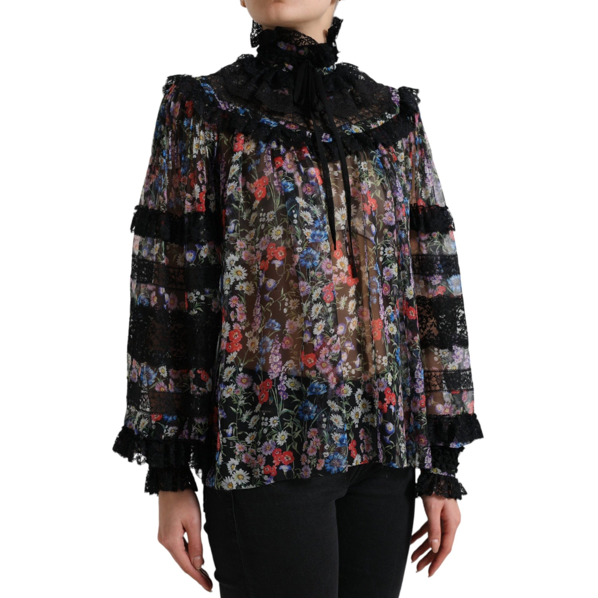Dolce &amp; Gabbana Elegant Floral Silk Blouse with Lace Trim