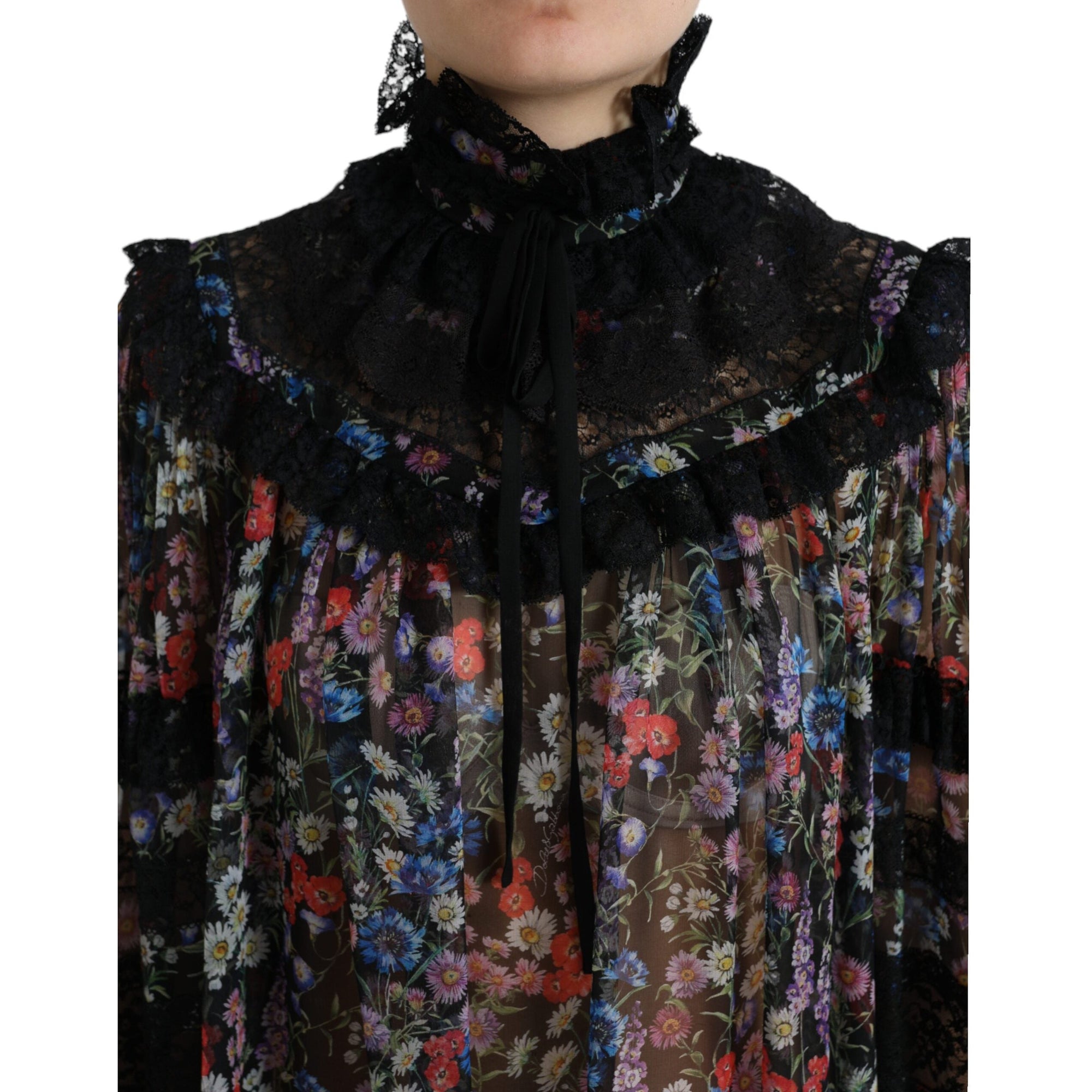 Dolce &amp; Gabbana Elegant Floral Silk Blouse with Lace Trim