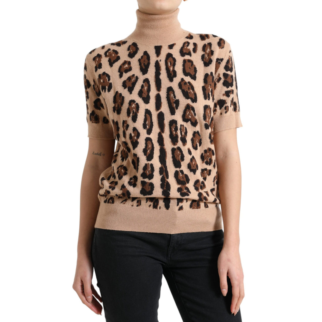 Dolce & Gabbana Elegant Beige Leopard Turtleneck Wool Top