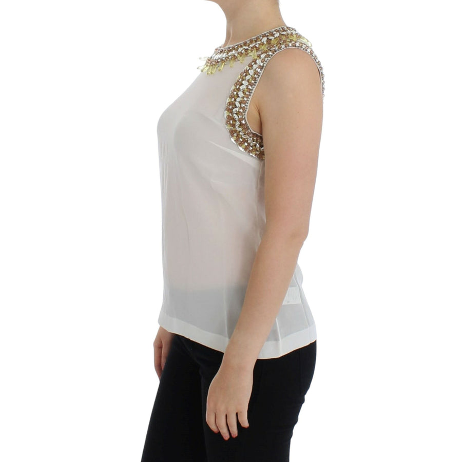 Dolce & Gabbana Elegant Sleeveless Silk Blouse with Crystal Embellishment