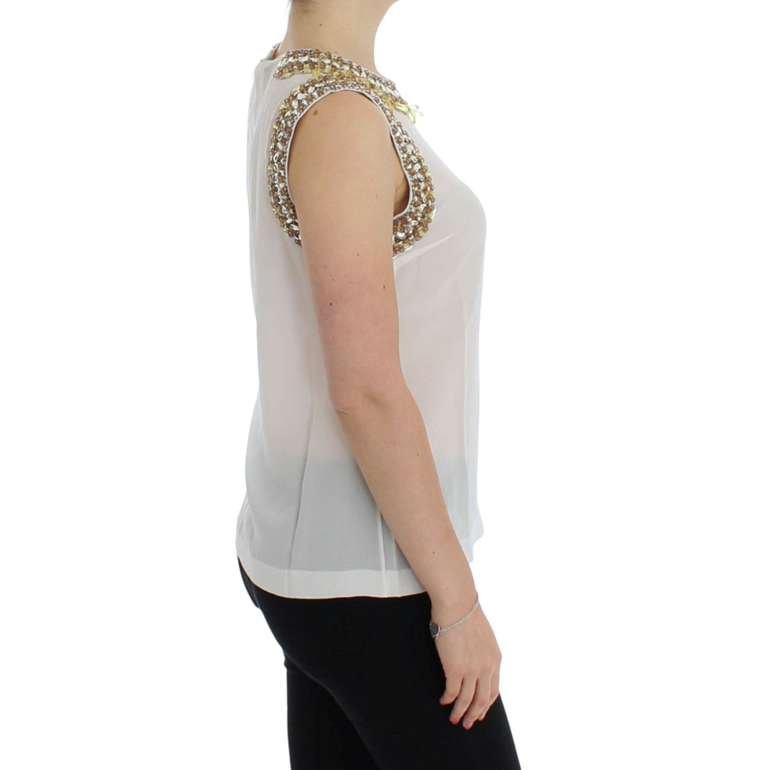 Dolce & Gabbana Elegant Sleeveless Silk Blouse with Crystal Embellishment